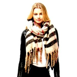 Tan Black Striped Fringed Oblong Winter Scarf